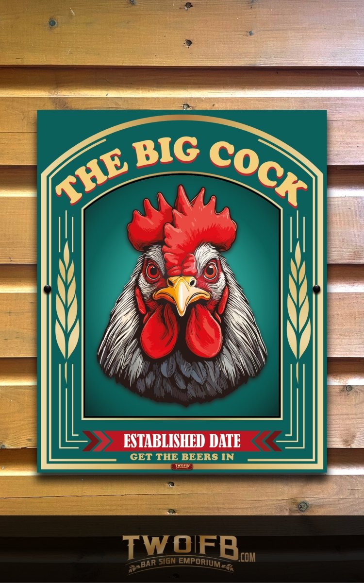 Decorative sign with a rooster illustration and text on a wooden background