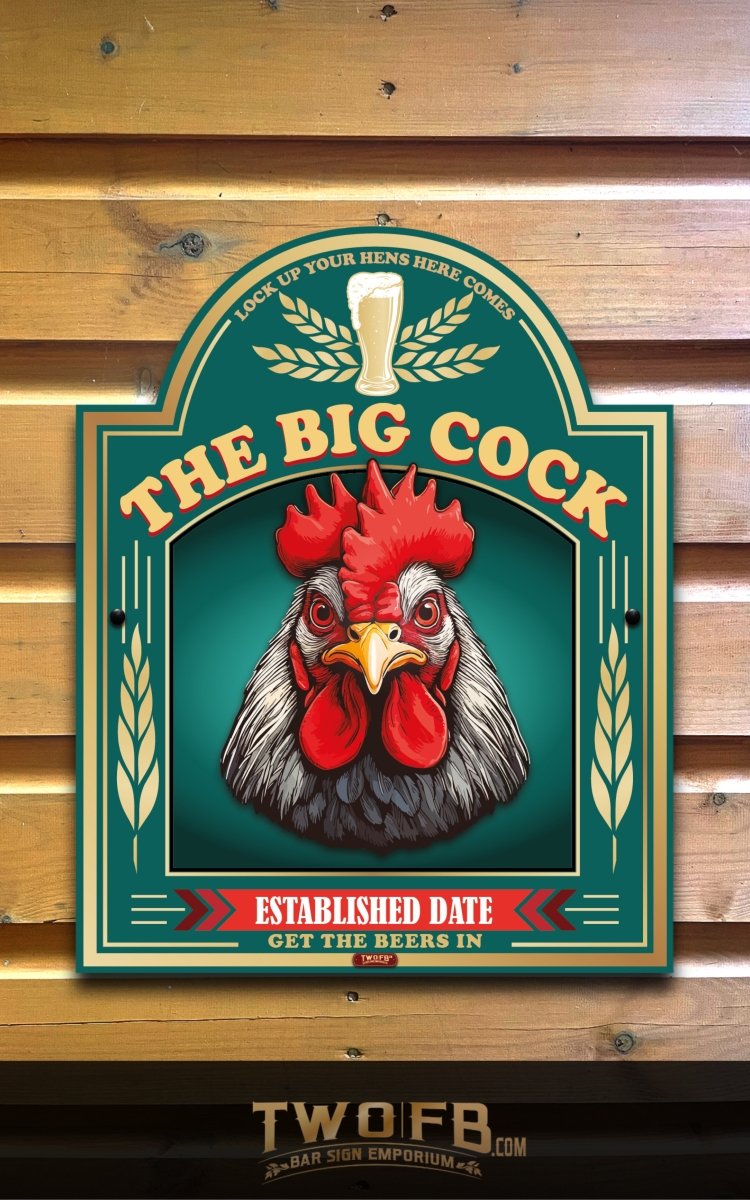 Decorative sign with a rooster illustration and text on a wooden background