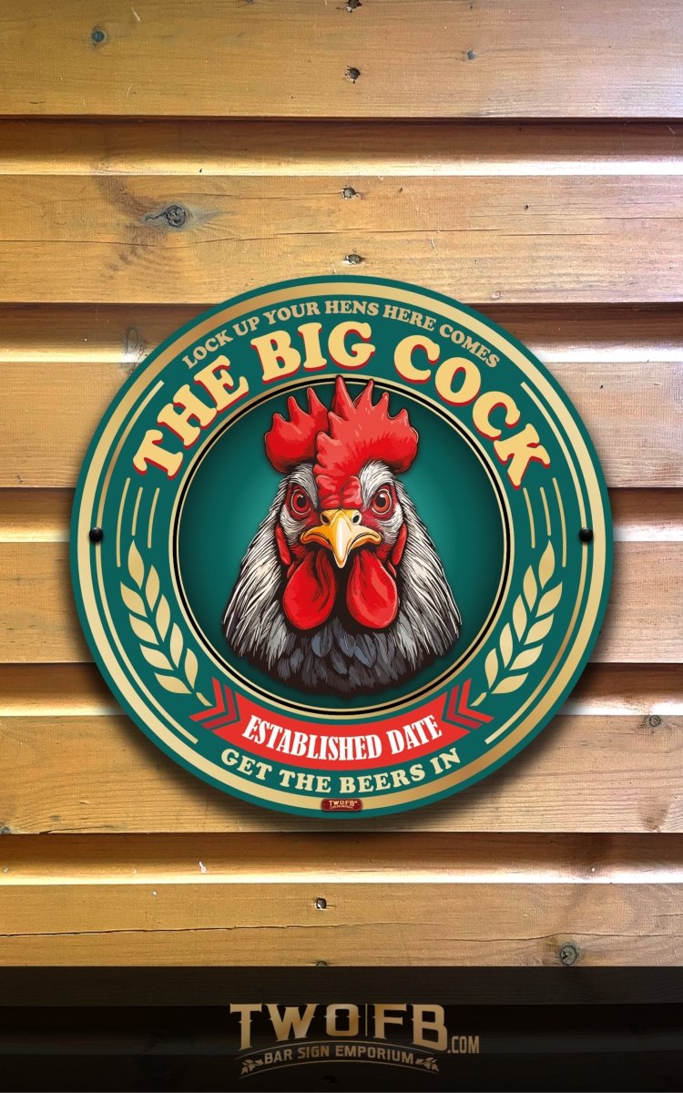 Circular sign with a rooster illustration on a wooden background