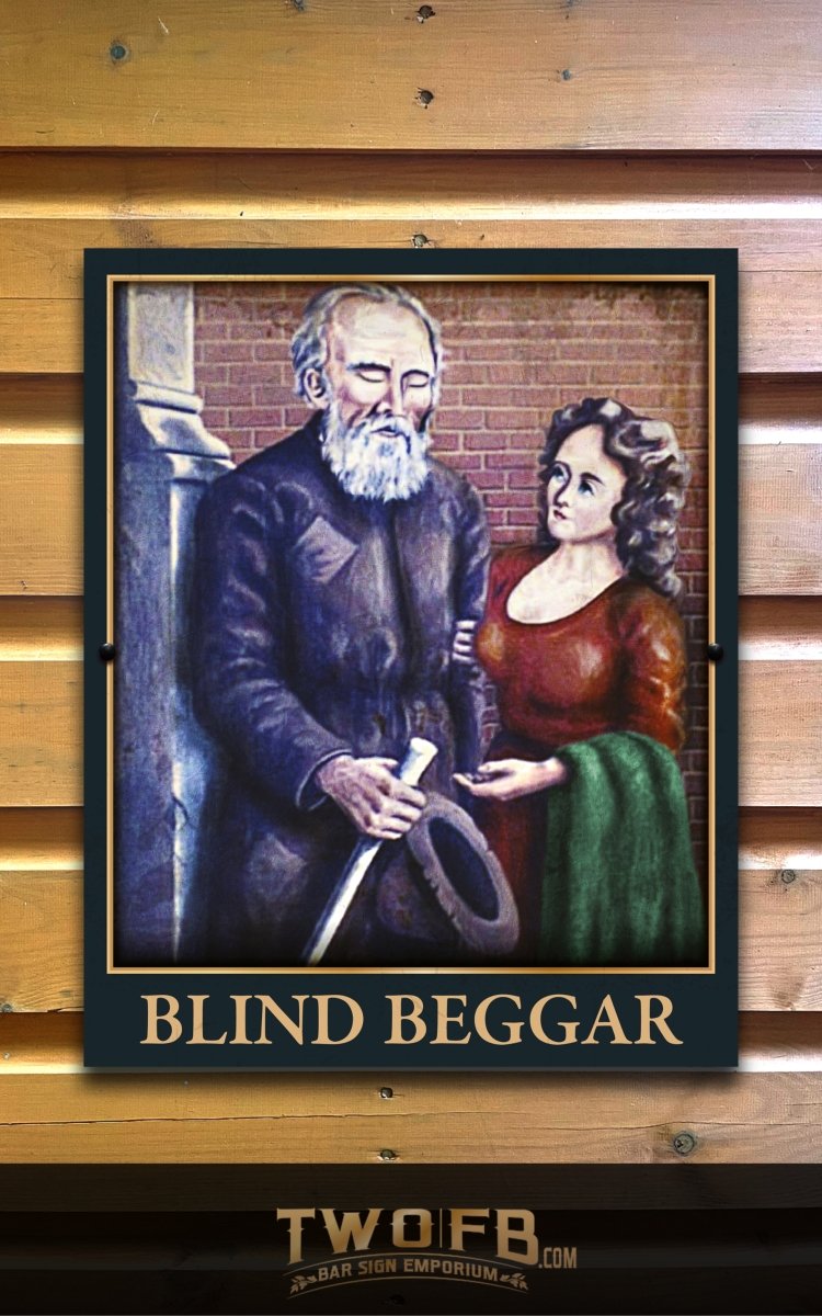Framed artwork titled 'Blind Beggar' featuring a man and woman against a brick wall, with 'TWOFB' branding.