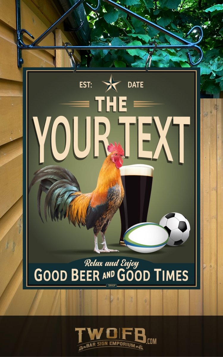 Personalizable bar sign with rooster, beer glass, and soccer ball on a green background.