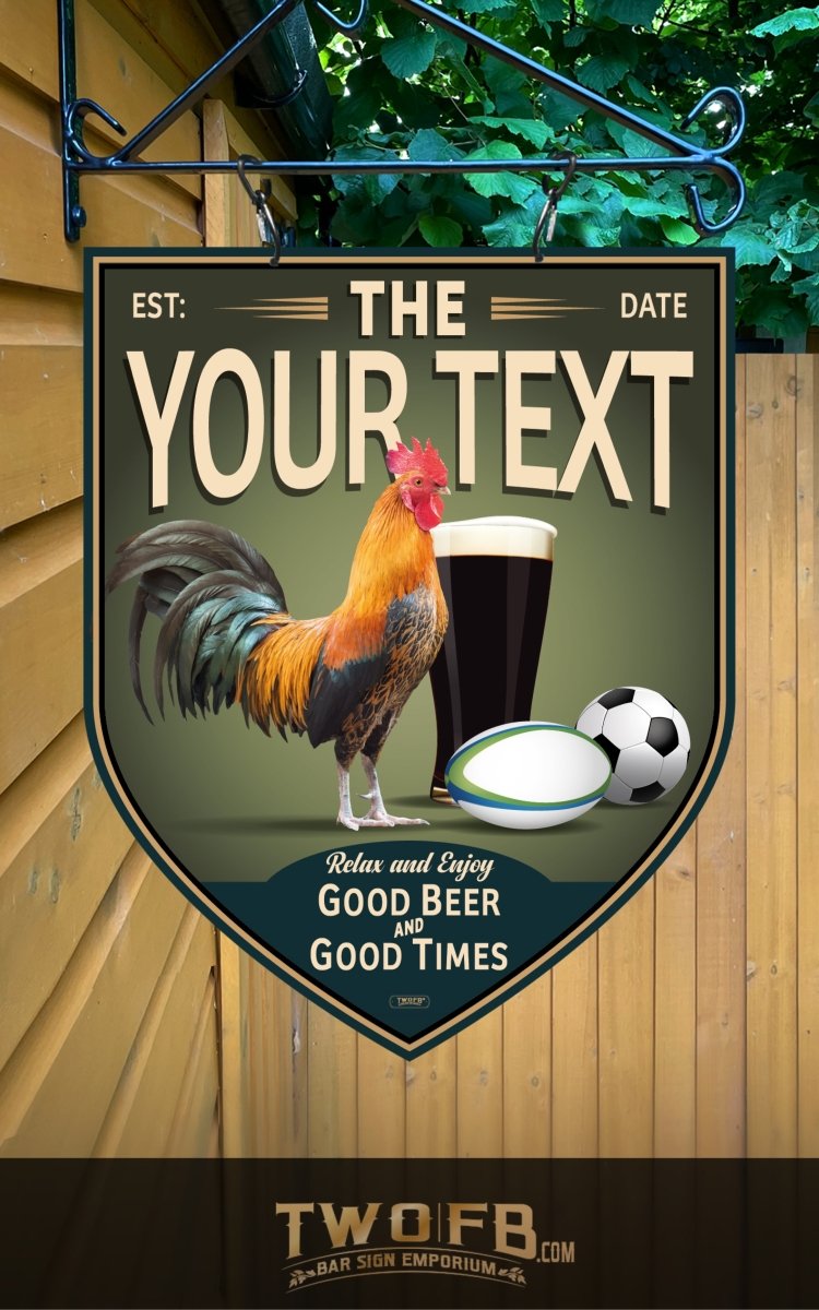 Decorative sign with rooster, beer glass, and sports ball on a wooden background