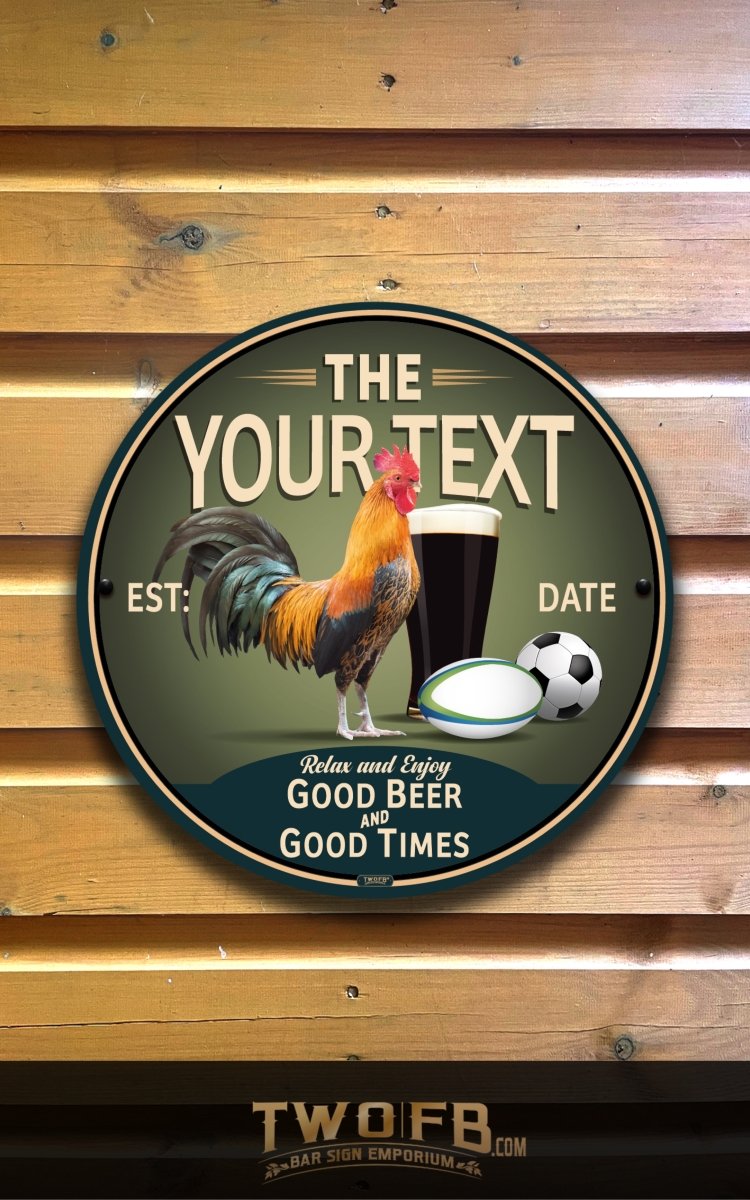 Decorative sign with rooster, beer glass, and soccer ball on a wooden background
