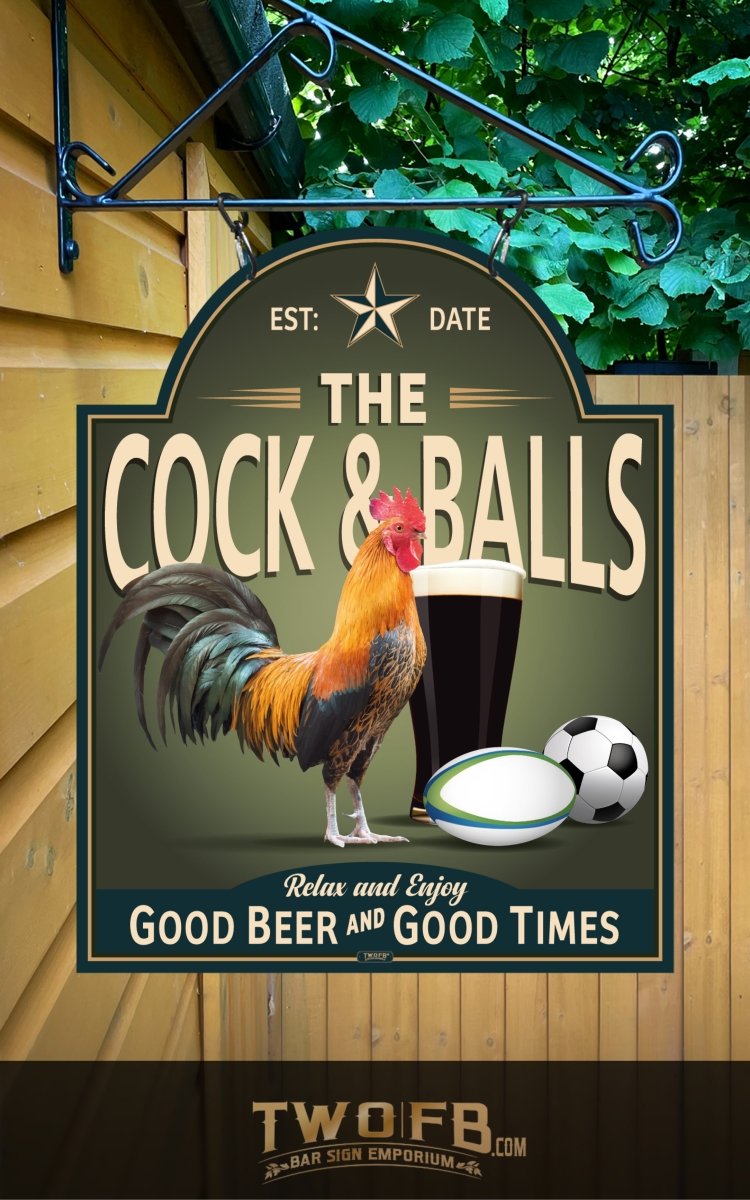 Sign with rooster, beer glass, and soccer ball on a wooden background