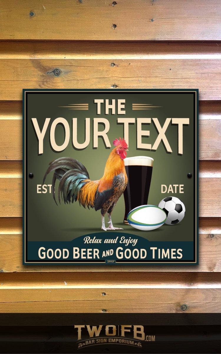 Decorative sign with rooster, beer glass, rugby ball, and soccer ball on a wooden background.