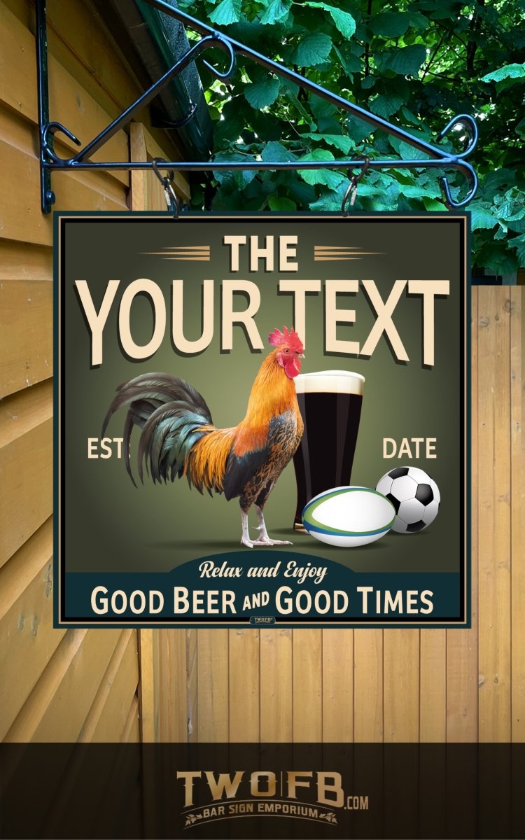 Decorative sign with a rooster, beer glass, rugby ball, and soccer ball on a dark green background.