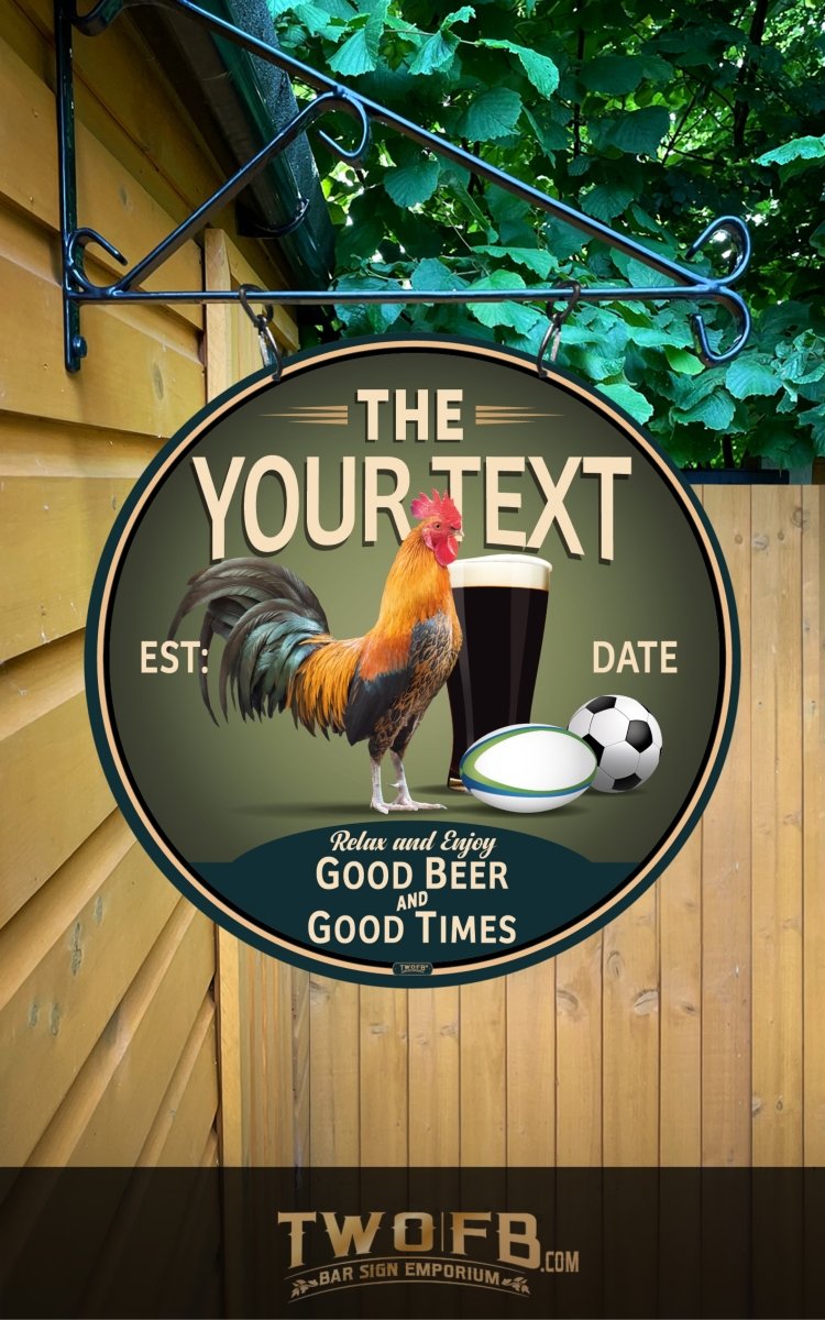 Round sign with rooster, beer mug, and soccer ball on a wooden background