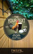 Load image into Gallery viewer, Round sign with rooster, beer mug, and soccer ball on a wooden background
