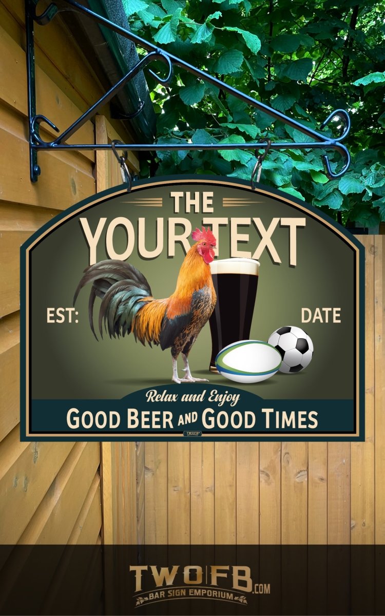 Personalizable bar sign with rooster, beer mug, and sports ball design on a green background.