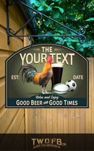 Load image into Gallery viewer, Personalizable bar sign with rooster, beer mug, and sports ball design on a green background.
