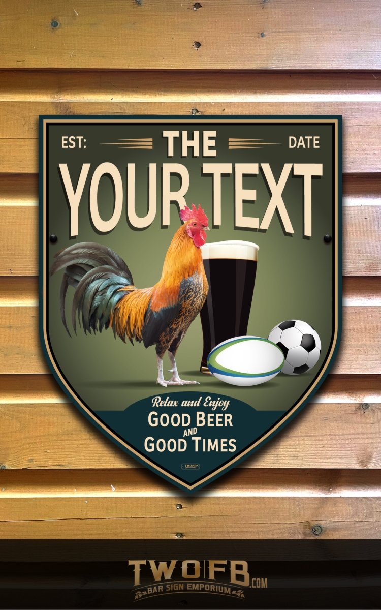 Personalizable sign with rooster, beer glass, and soccer ball on a wooden background