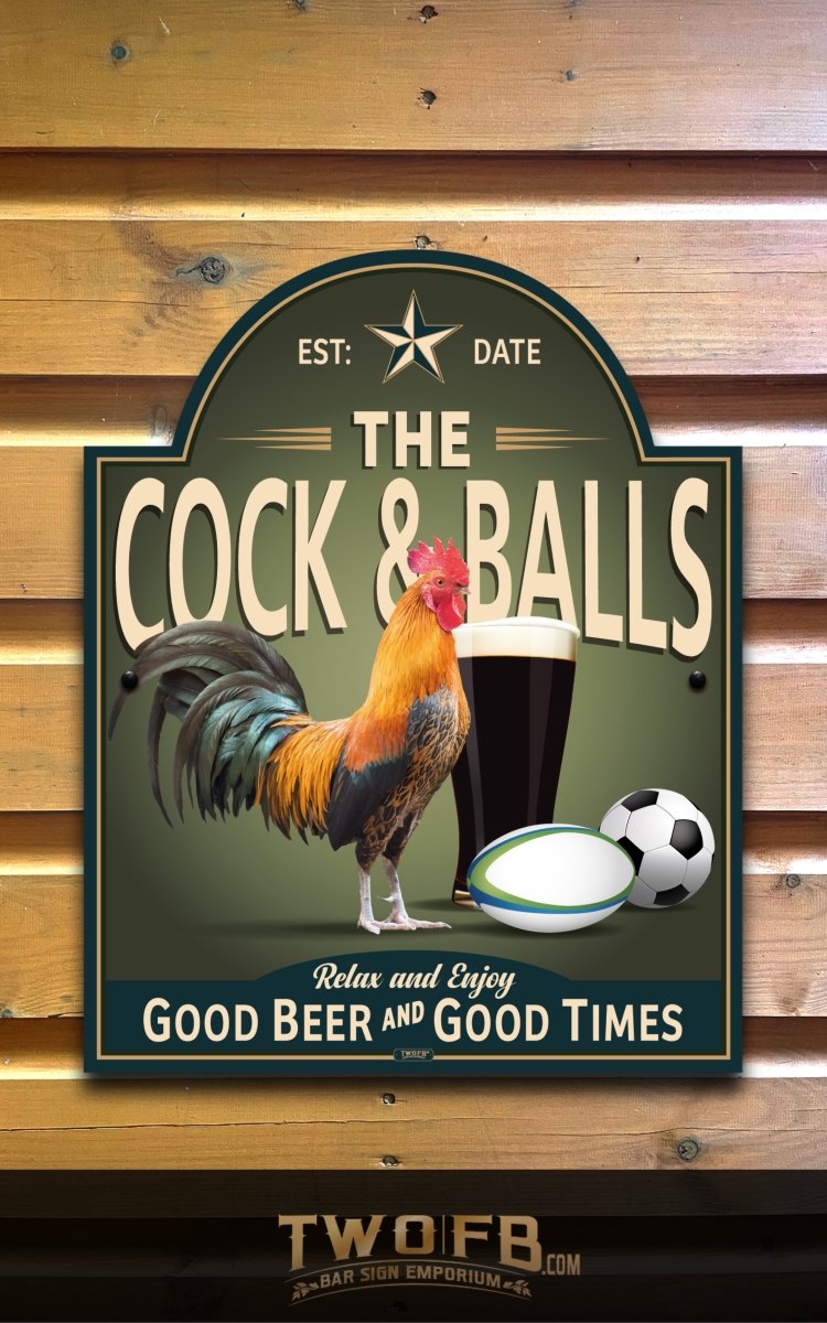 Decorative sign with a rooster, beer glass, and soccer ball on a wooden background.