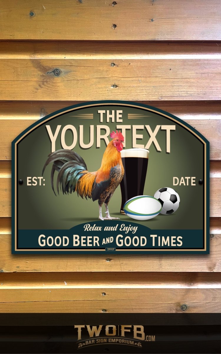 Personalizable sign with rooster, beer, and sports ball on a wooden background