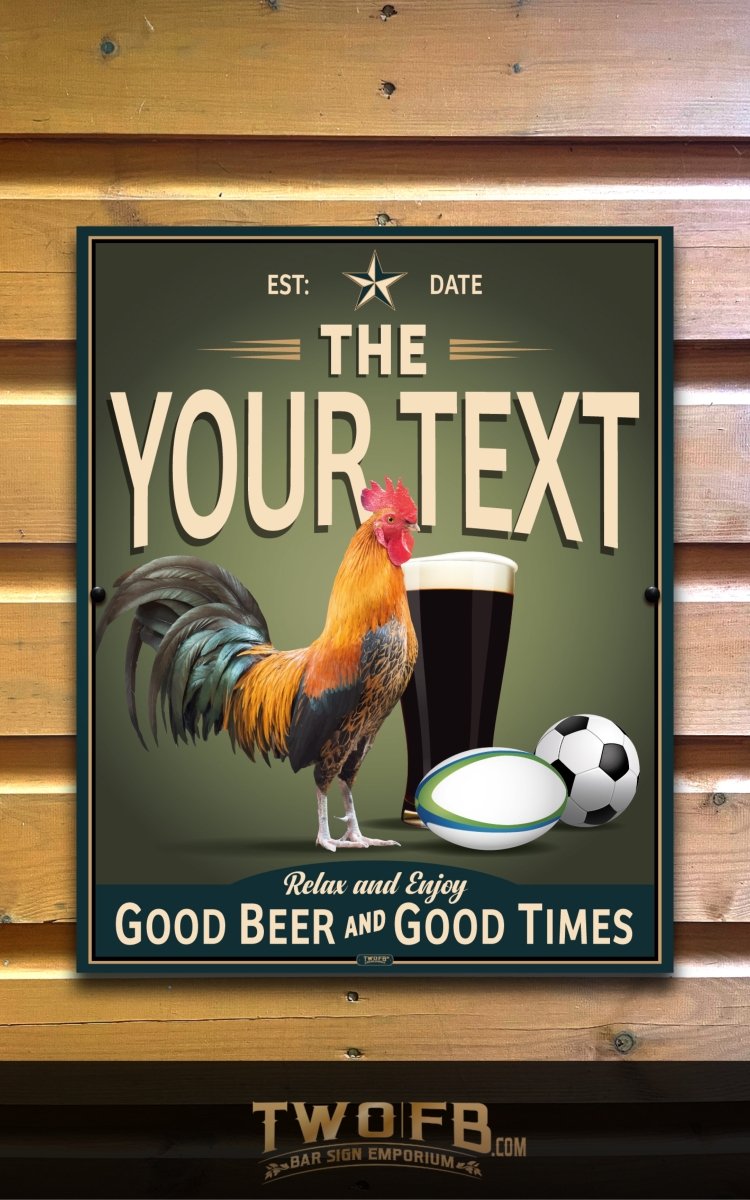 Personalizable vintage-style sign with rooster, beer glass, and soccer balls on a wooden background.