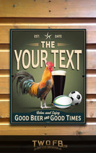 Load image into Gallery viewer, Personalizable vintage-style sign with rooster, beer glass, and soccer balls on a wooden background.
