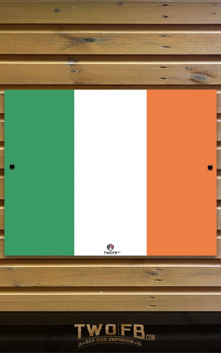 Flag of Ireland on a wooden background with TWOFB branding.