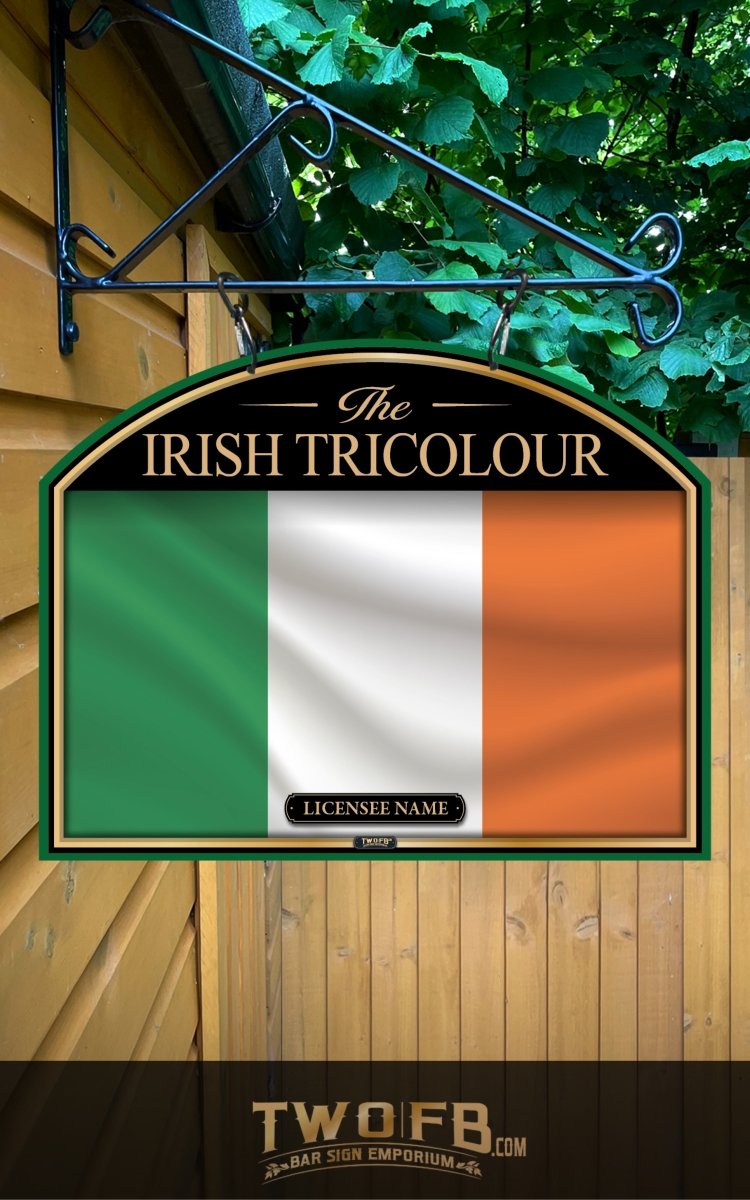 Decorative sign with Irish Tricolour flag design on a wooden background