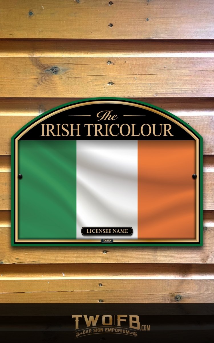 Irish Tricolour flag display with 'The Irish Tricolour' text on a wooden background
