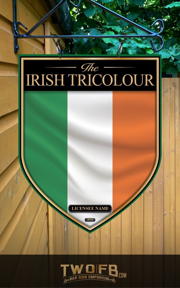 Irish Tricolour flag design on a sign with 'TWOFB' branding.