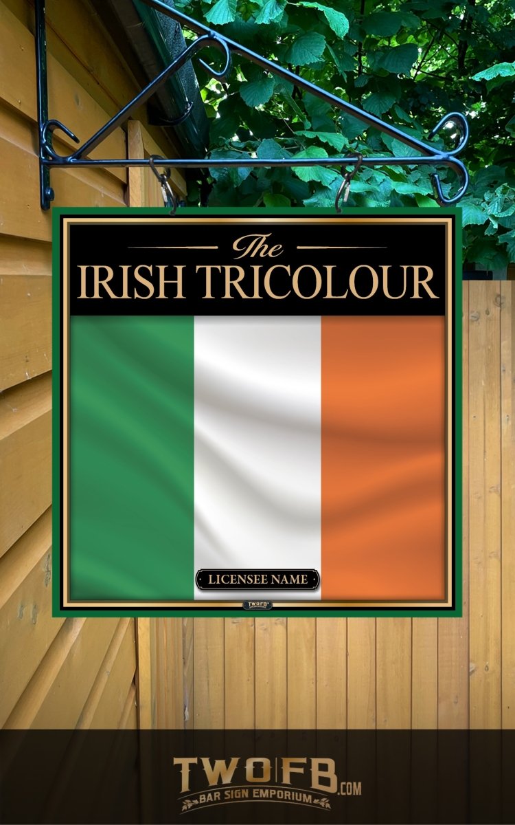 Decorative sign of the Irish Tricolour flag with a black border, hanging outdoors.
