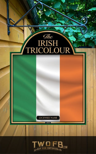 Decorative sign with Irish Tricolor design on a wooden wall.