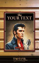 Load image into Gallery viewer, Elvis Presley portrait with customizable text on a wooden background
