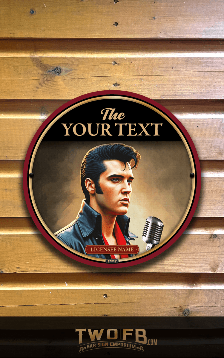 Decorative sign featuring a portrait of a Elvis Presley with a microphone, set against a wooden background.