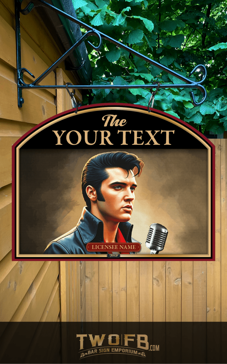 Elvis Presley-themed sign with customizable text on a wooden background