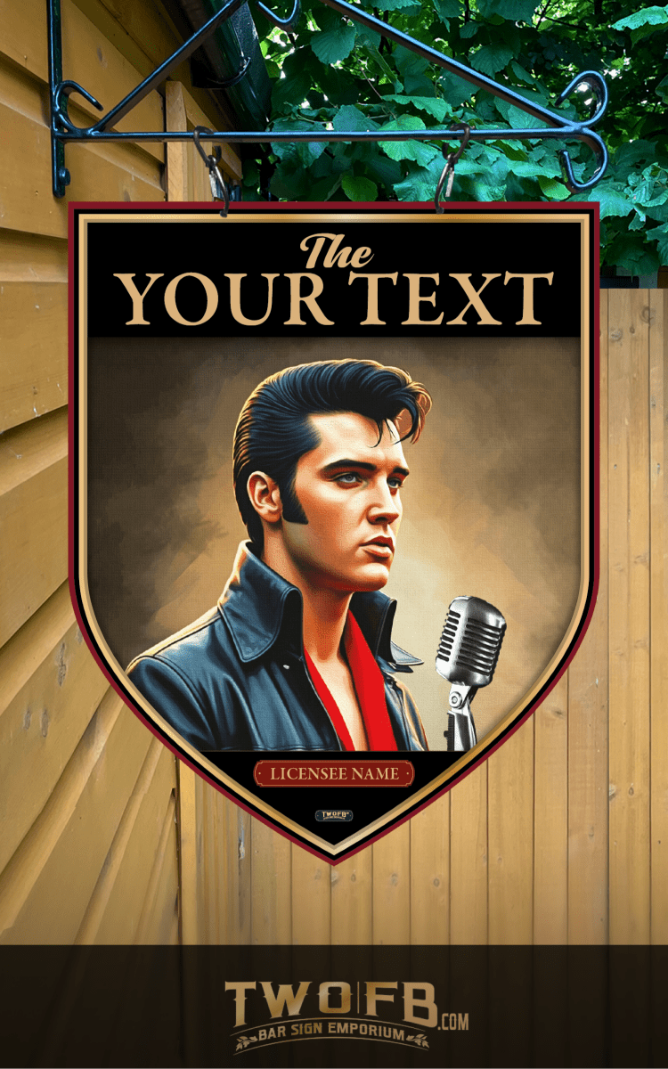Decorative sign featuring a portrait of a Elvis Presley with a microphone, set against a wooden background.