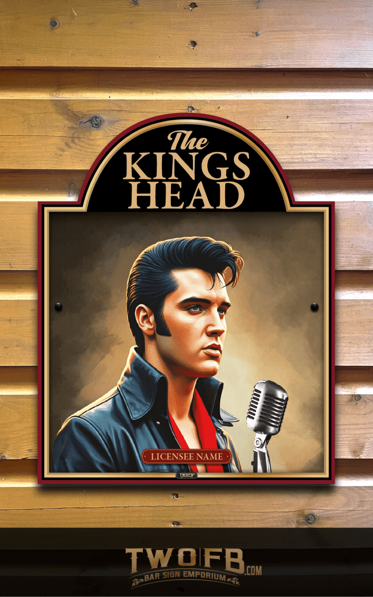 Decorative sign featuring a portrait of a Elvis Presley with a microphone, set against a wooden background.