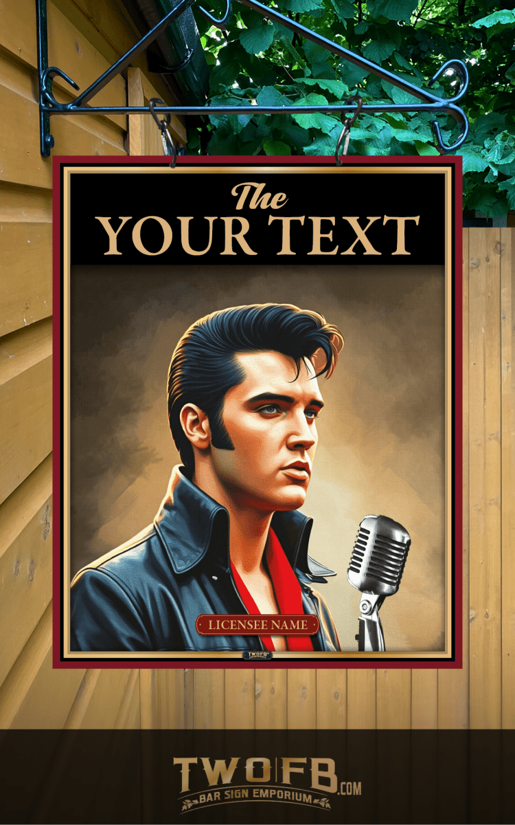 Elvis Presley portrait with customizable text on a decorative sign
