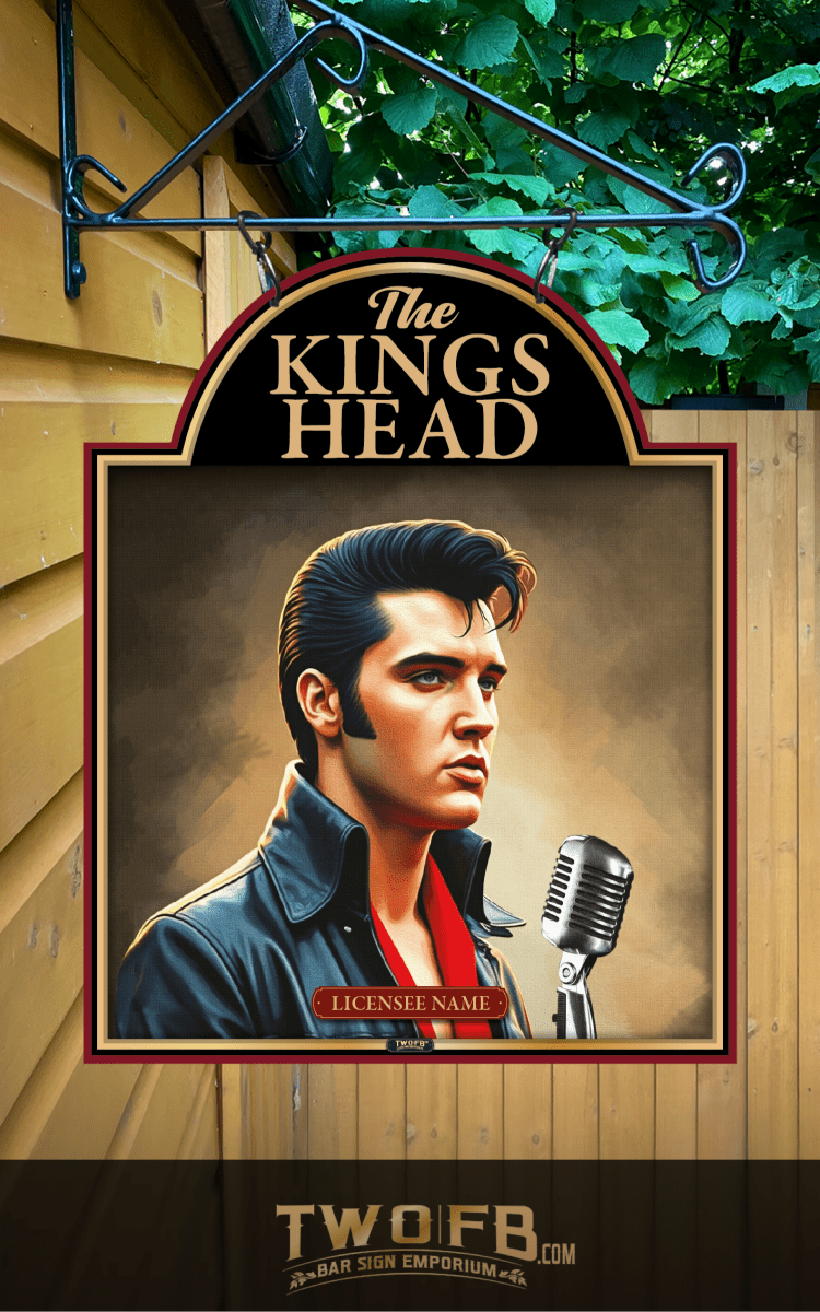 Decorative sign featuring a portrait of a Elvis Presley with a microphone, set against a wooden background.