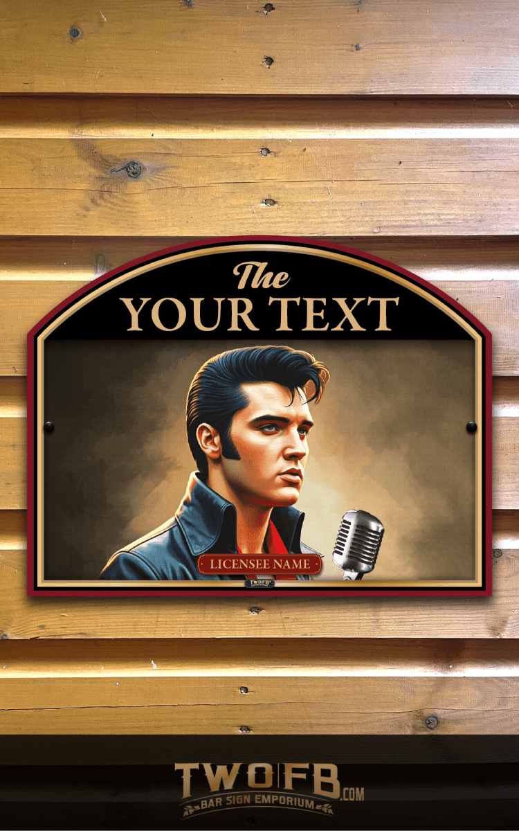 Personalizable vintage-style sign with a portrait and microphone on a wooden background