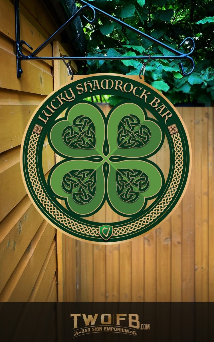 Green shamrock sign for Lucky Shamrock Bar with decorative elements on a wooden wall.