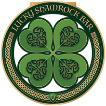 Load image into Gallery viewer, Decorative sign for the Lucky Shamrock Bar with a four-leaf clover design.
