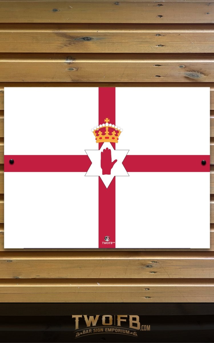 Flag with a red cross and white background on a wooden surface, featuring the text 'TWOFB'.