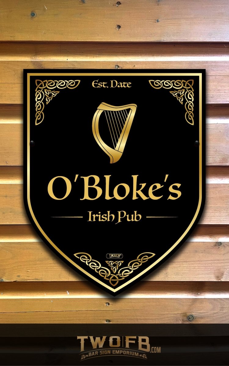 Sign for O'Bloke's Irish Pub with a harp design on a wooden background