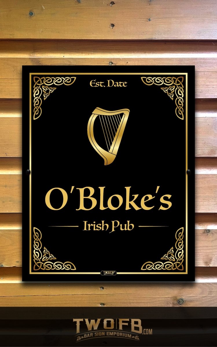 Decorative sign for O'Bloke's Irish Pub with a harp design on a wooden background
