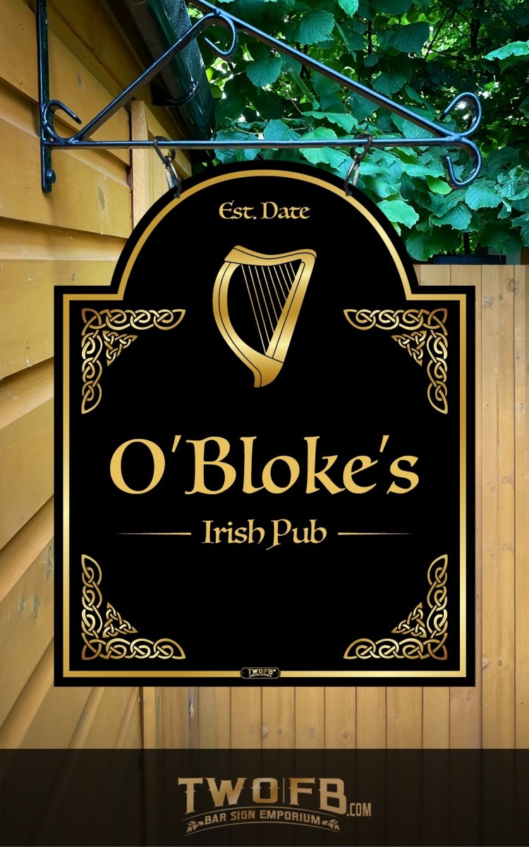Sign for O'Bloke's Irish Pub with a harp design on a wooden background