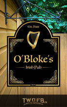 Load image into Gallery viewer, Sign for O&#39;Bloke&#39;s Irish Pub with a harp design on a wooden background
