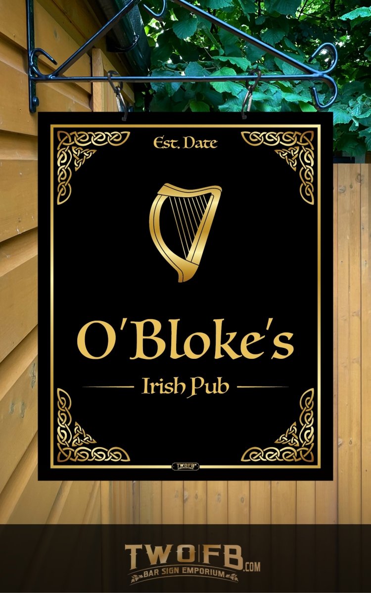 Decorative sign for O'Bloke's Irish Pub with a harp symbol on a wooden background.