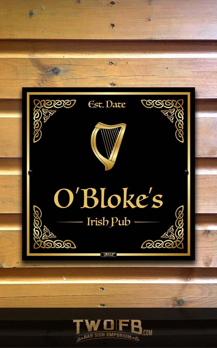 Decorative sign for O'Bloke's Irish Pub on a wooden background
