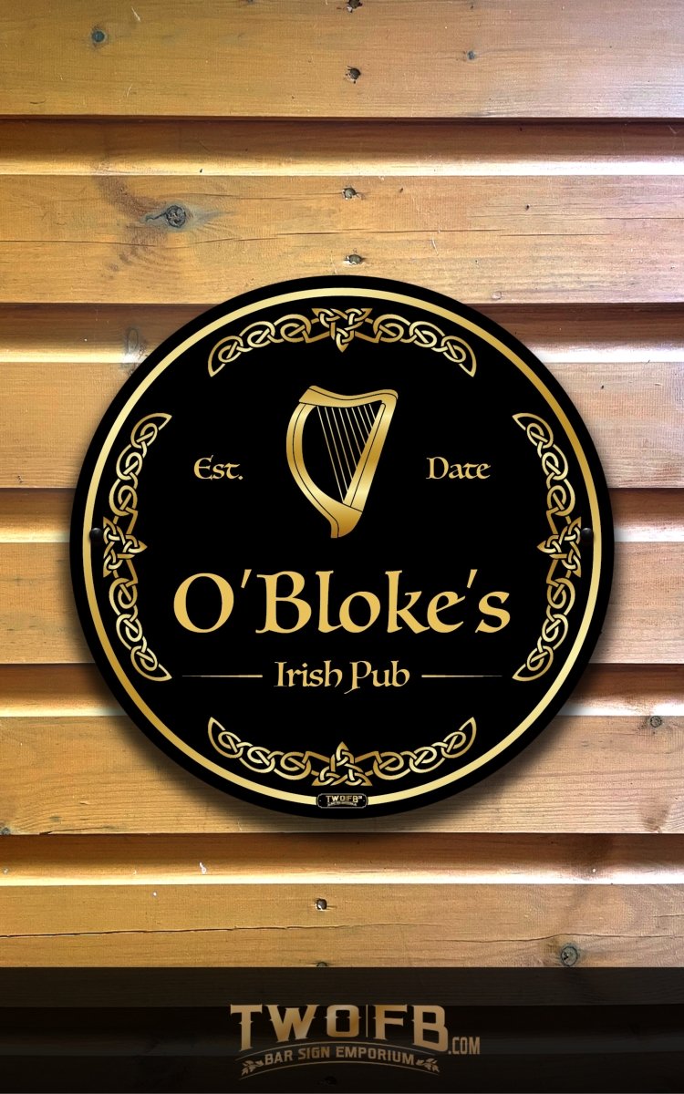 Round sign for O'Bloke's Irish Pub on a wooden background