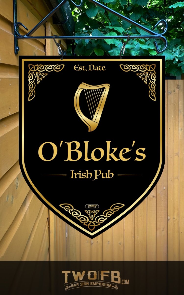 Sign for O'Bloke's Irish Pub with a harp design on a wooden background