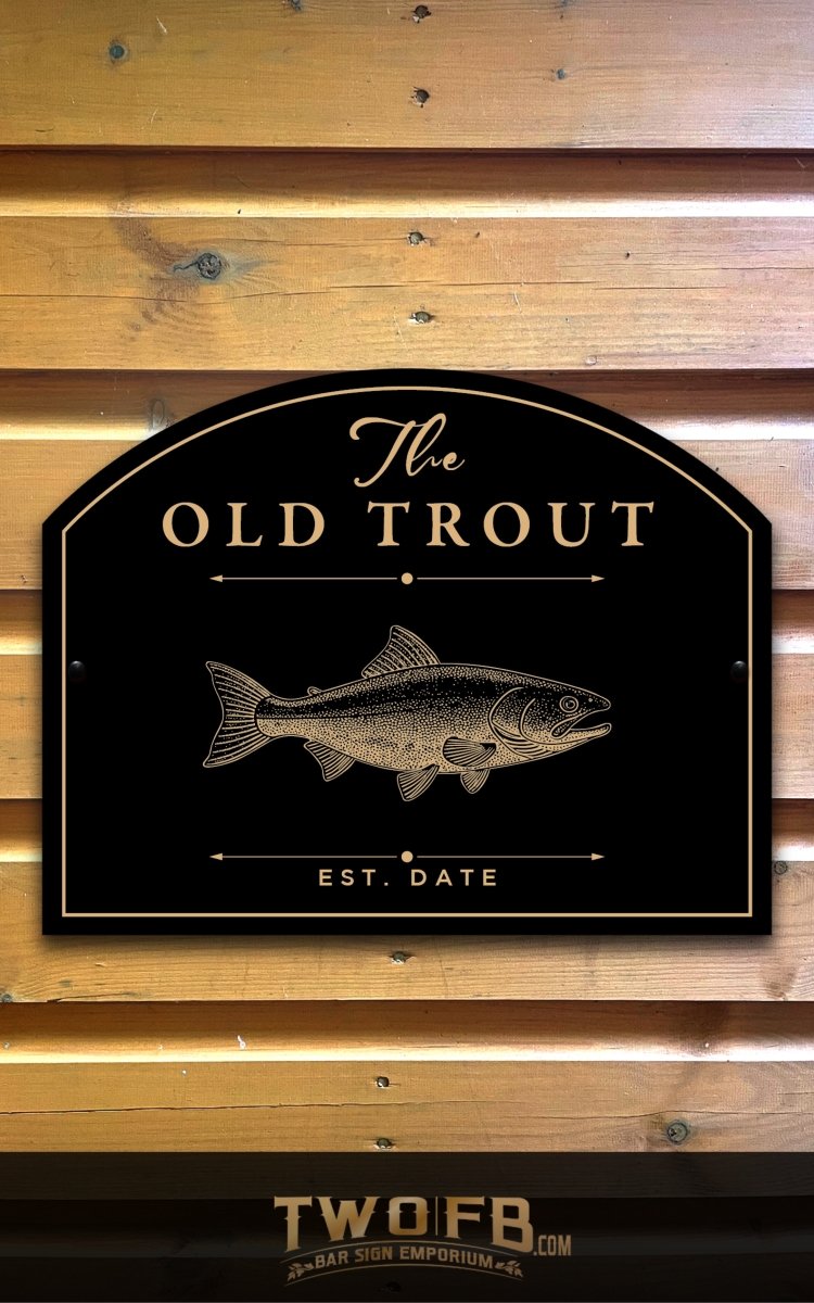 Decorative sign with 'The Old Trout' and a fish illustration on a wooden background