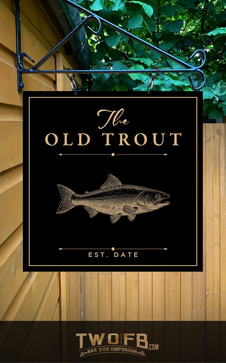 Vintage-style sign for 'The Old Trout' with a fish illustration on a wooden background.
