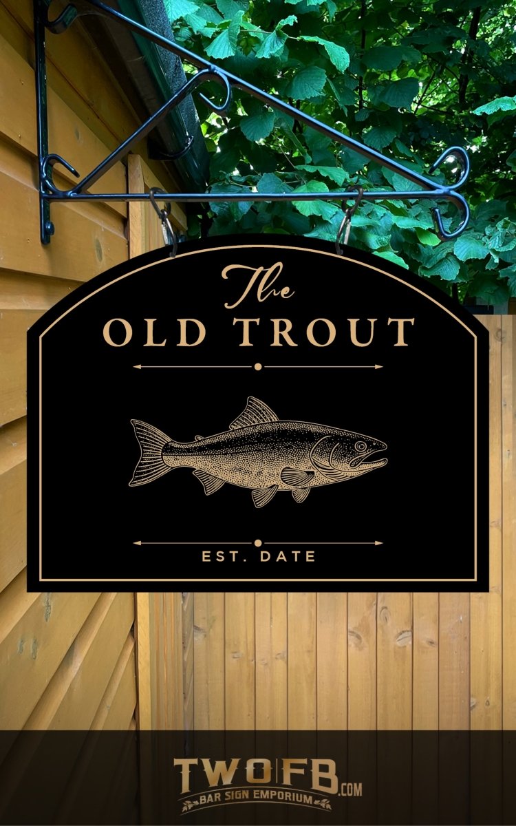 Sign for 'The Old Trout' with a fish illustration on a wooden background
