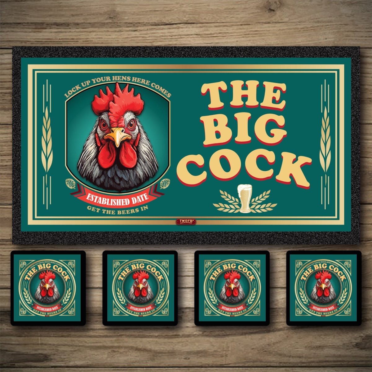Decorative mat with 'The Big Cock' design featuring a rooster on a wooden surface.