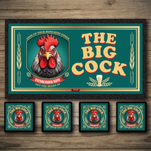Load image into Gallery viewer, Decorative mat with &#39;The Big Cock&#39; design featuring a rooster on a wooden surface.
