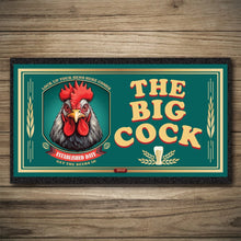 Load image into Gallery viewer, Decorative mat with a rooster illustration and text &#39;The Big Cock&#39; on a wooden background
